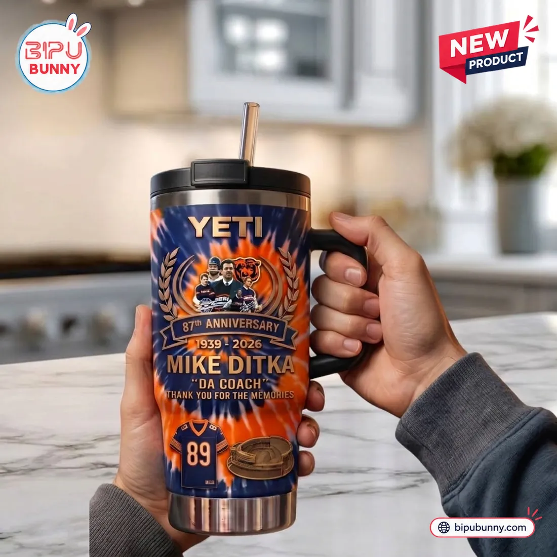 Hands holding the Mike Ditka Da Coach Chicago Bears 87th Anniversary 1939-2026 stainless steel tumbler showing the #89 jersey and Soldier Field graphic