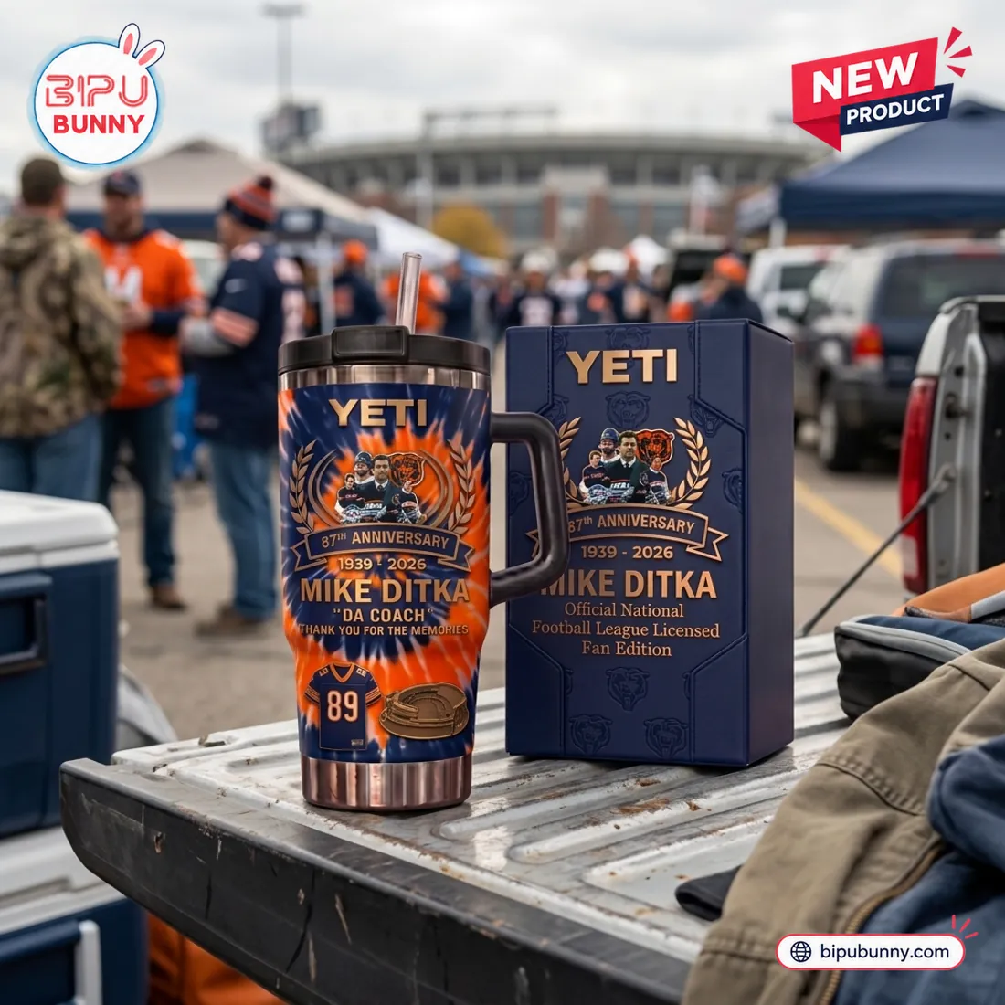 Mike Ditka Da Coach Chicago Bears Tumbler standing on a truck tailgate beside its embossed navy and bronze presentation box