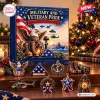 Front view of Military Veteran Pride Advent Calendar 2026 with patriotic ornaments on a wooden table.
