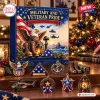 Front view of Military Veteran Pride Advent Calendar 2026 with patriotic ornaments on a wooden table.