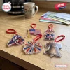 High-angle view of multiple patriotic acrylic hanging ornaments including a US flag and liberty bell for the Military Veteran Pride Advent Calendar 2026.