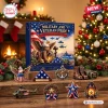 Front view of Military Veteran Pride Advent Calendar 2026 with patriotic ornaments on a wooden table.