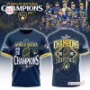 Front and back view of blue Milwaukee Brewers 2026 Champions Shirt with gold and white typography.