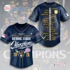 Front and back view of Milwaukee Brewers 2026 National League Champions baseball jersey in navy blue and gold.