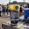 Front view of a yellow and blue Milwaukee Brewers tumbler cup featuring a team photo and championship text.