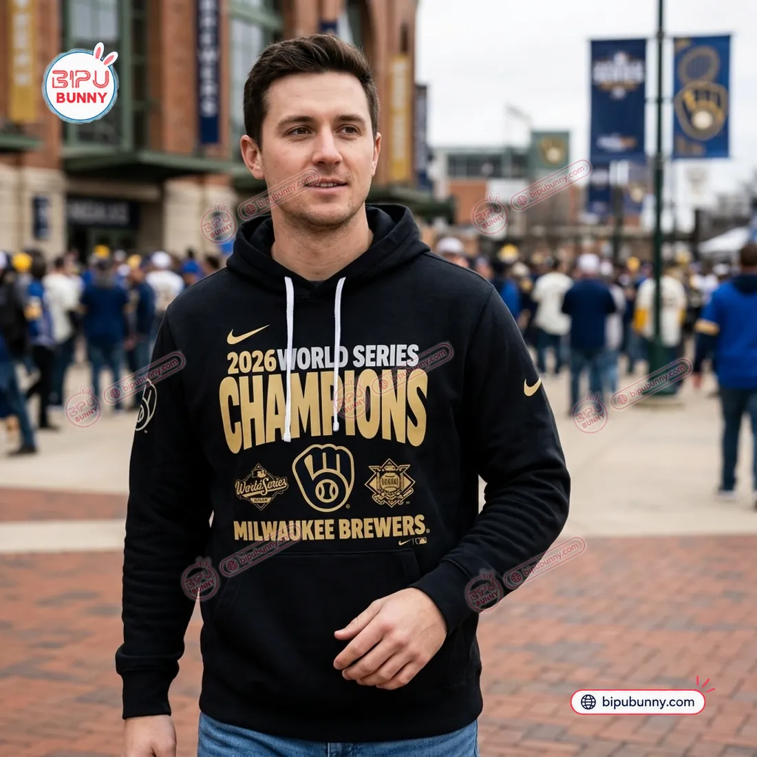 Milwaukee Brewers 2026 World Series Black Hoodie worn outside the ballpark showing white hood drawstrings and chest crests