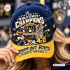 Front view of a blue and gold baseball cap featuring 2026 World Series Champions graphics.