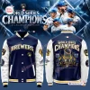 Front and back view of the Milwaukee Brewers 2026 World Series Champions Baseball Jacket in blue and white.
