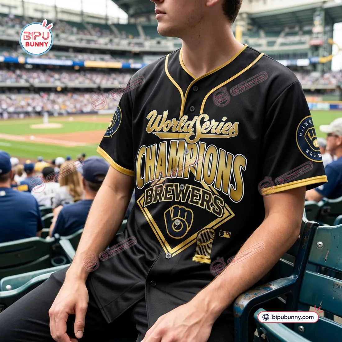 Milwaukee Brewers 2026 World Series Champions Black Baseball Jersey worn in stadium seats showing sleeve patches and loose athletic fit
