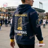 Back view of the Milwaukee Brewers 2026 World Series Champions Blue Hoodie with trophy graphic.