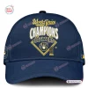 Front view of a blue Milwaukee Brewers 2026 World Series Champions baseball hat with gold lettering and graphics.