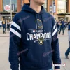 Front view of a navy blue Milwaukee Brewers 2026 World Series Champions hoodie with white sleeve stripes.