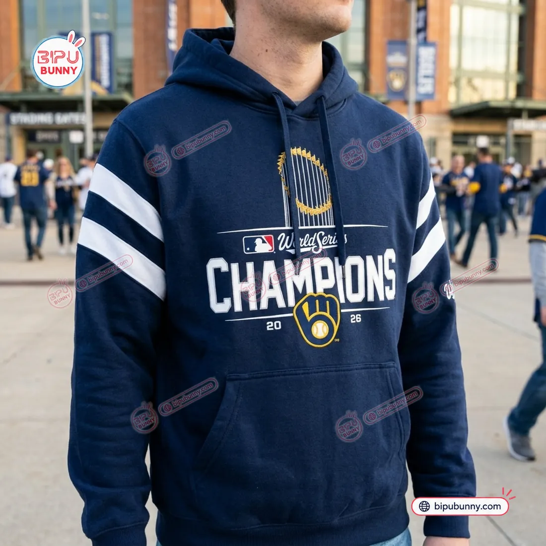 Milwaukee Brewers 2026 World Series Champions Hoodie close-up of midnight-navy chest trophy graphic and white sleeve stripes