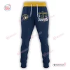 Front view of blue sweatpants with yellow waistband and Milwaukee Brewers 2026 World Series Champions graphics.