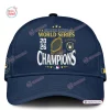 Front view of a dark blue baseball cap with Milwaukee Brewers 2026 World Series Champions graphics.
