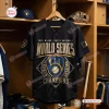 Front view of a black Milwaukee Brewers 2026 World Series Champions jersey hanging in a locker room.