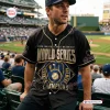 Man wearing the Milwaukee Brewers 2026 World Series Champions Jersey at a baseball stadium.