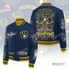 Front and back view of the Milwaukee Brewers 2026 World Series Champions Navy Varsity Jacket.