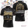 Front and back view of a black Milwaukee Brewers 2026 World Series Champions Polo Shirt with gold text and graphics.