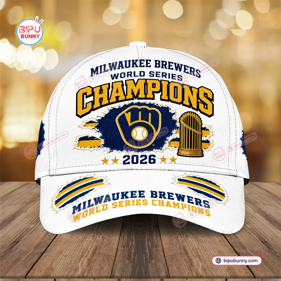 Front close-up of the Milwaukee Brewers 2026 World Series Champions White Cap displaying crown and brim graphics