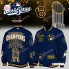 Front and back view of the Milwaukee Brewers 2026 World Series Championship Baseball Jacket in blue and yellow.