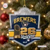 Front view of Milwaukee Brewers 2026 World Series Christmas ornament hanging on a pine tree.
