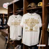 Front and back view of the Milwaukee Brewers 2026 World Series Gold Baseball Jersey hanging in a wooden locker room.