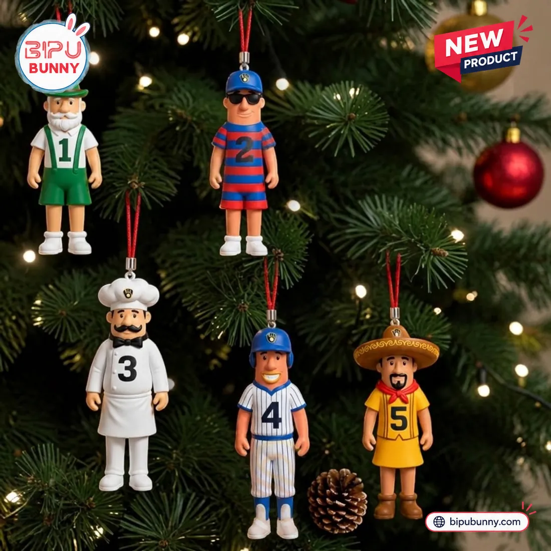 Five numbered Milwaukee Brewers Racing Sausage ornaments hanging from red ribbons on evergreen Christmas tree branches