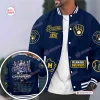 Front view of the Milwaukee Brewers Champions Varsity Jacket in blue with yellow and white team graphics.