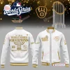 Front and back view of the Milwaukee Brewers Champions White Baseball Jacket 2026 with gold trophy graphics.