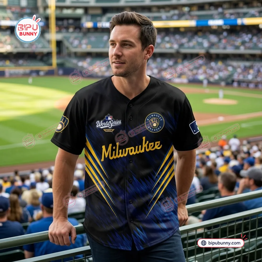 Front view of the Milwaukee Brewers League Champions Baseball Jersey 2026 worn in a stadium setting
