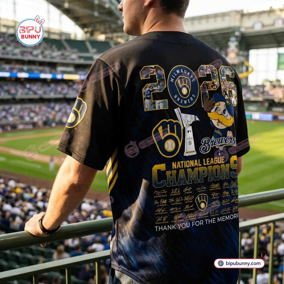 Back view of the Milwaukee Brewers League Champions Baseball Jersey 2026 displaying 2026 photo numerals, Bernie Brewer, NL Trophy, and replica signatures
