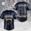 Front and back view of the Milwaukee Brewers National League Champions navy jersey featuring player names.