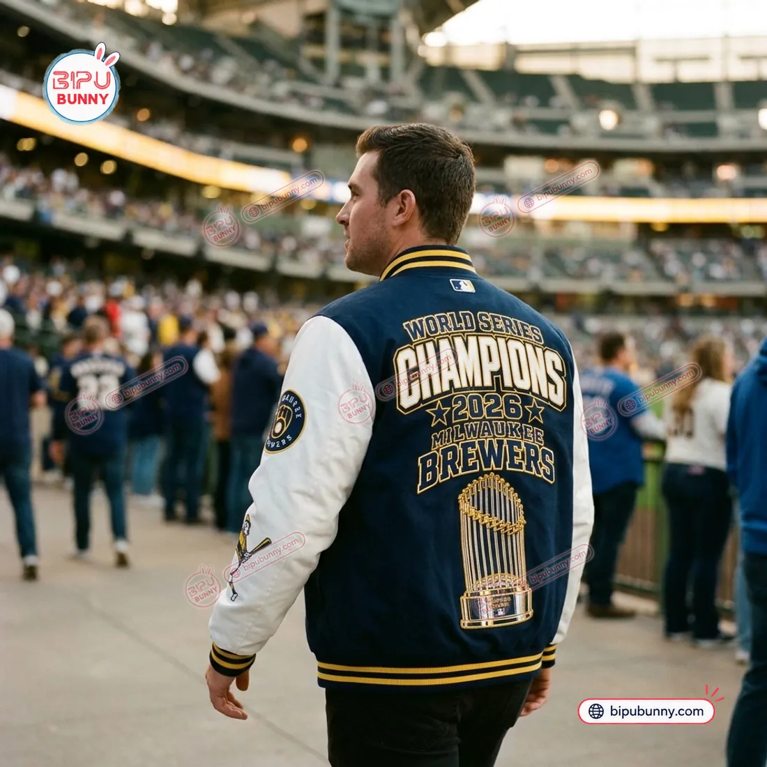 Concourse back view of the Milwaukee Brewers World Series Champions Varsity Jacket highlighting the 2026 trophy graphic and left white sleeve patches