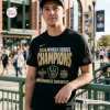 Front view of a man wearing a black Milwaukee Brewers World Series shirt 2026 outdoors.
