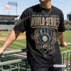 Front view of a black Milwaukee Brewers World Series shirt worn at a stadium.
