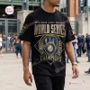 Front view of a black t-shirt featuring World Series champions graphic text and a baseball mitt logo.