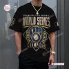 Front view of a black t-shirt featuring World Series champions graphics for the Milwaukee Brewers.