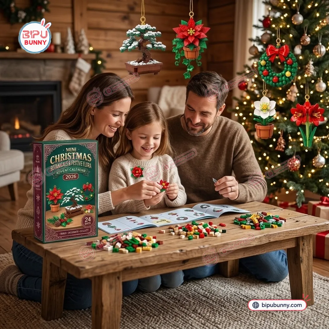 Family assembling miniature botanical brick ornaments on a wooden table using the illustrated instruction guide while finished bonsai and poinsettia models hang above