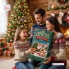 Family holding the Mini Christmas Brick Ornament Advent Calendar 2026 in a living room with a decorated tree.