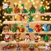 Front view of Mini Christmas Dinosaur & Mecha Robot Brick Ornament Advent Calendar 2026 figures on wooden shelves.