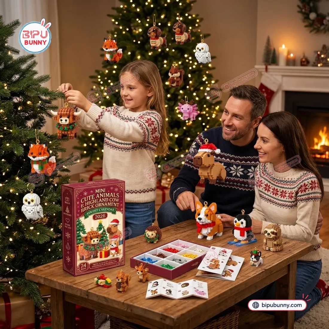 Child hanging the completed mini-brick Highland Cow ornament on a Christmas tree while parents assemble capybara, corgi, penguin, and sloth figures at a wooden table
