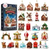 Front view of the brick ornament advent calendar box alongside twenty-four assembled miniature holiday models.