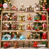 Front view of Mini Gingerbread Village & Winter Wonderland Brick Ornament Advent Calendar 2026 pieces displayed on wooden shelves.