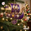 Hanging Christmas tree ornament featuring a purple Viking ship with gold 66th anniversary text.