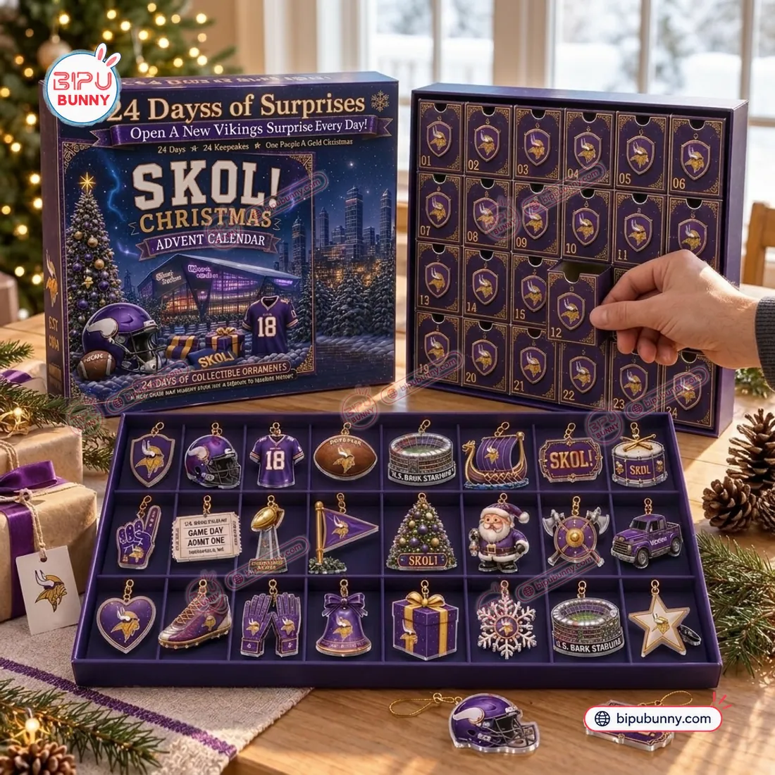 Sliding open drawer 12 of the Minnesota Vikings Christmas Advent Calendar 24-drawer cabinet beside the SKOL collector box and 24-slot ornament tray