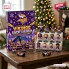 Front view of a purple Minnesota Vikings NFL Advent Calendar box alongside miniature player figurines arranged on a wooden table.