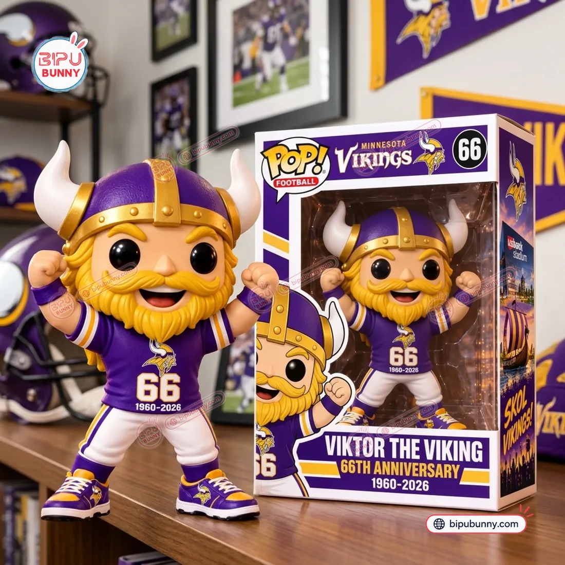 Minnesota Vikings Viktor The Viking Funko Pop Figure standing beside the #66 collector window box with U.S. Bank Stadium side panel art