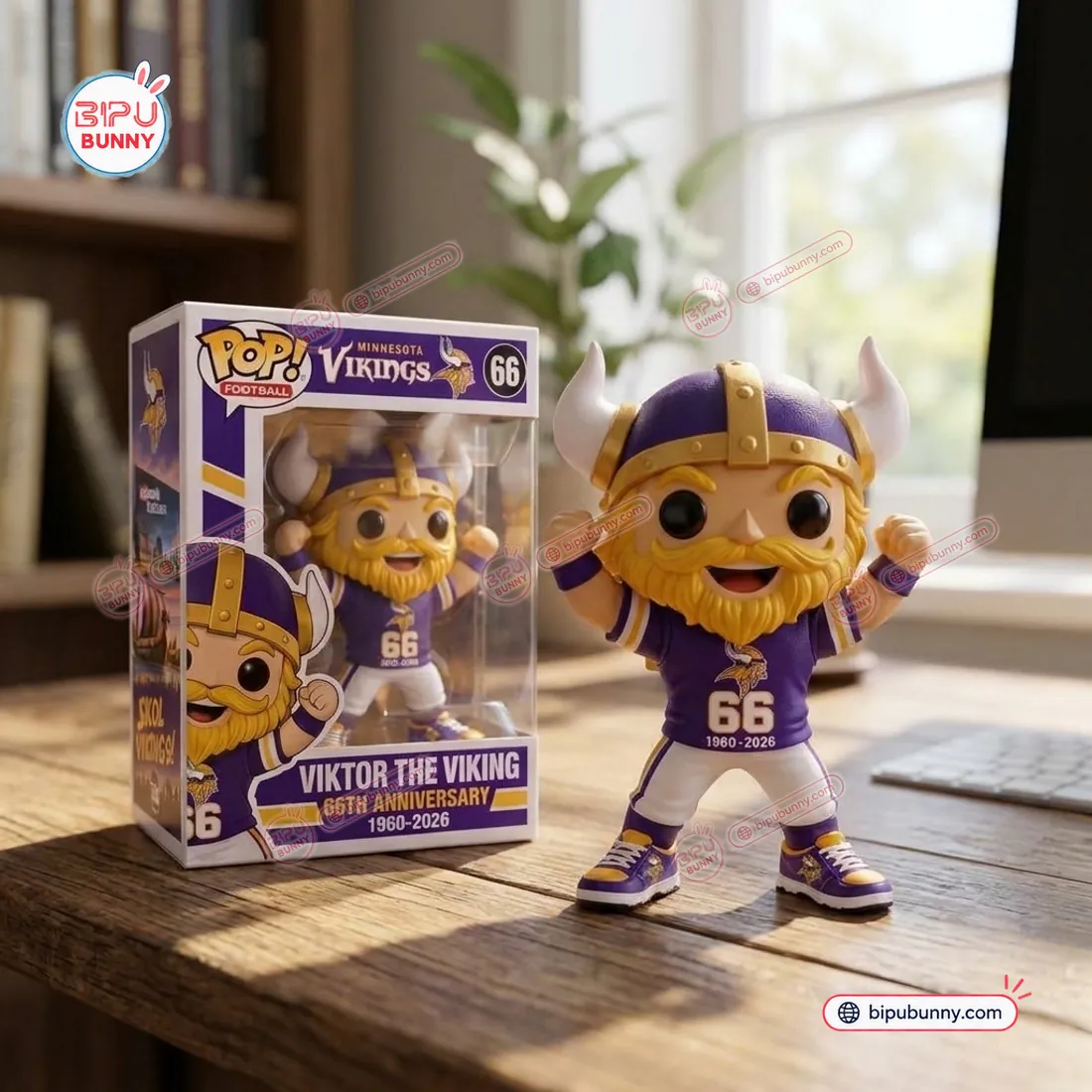 Minnesota Vikings Viktor The Viking Funko Pop Figure and #66 66th Anniversary window box displayed on a wooden office desk