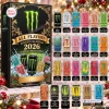 Front view of the Monster Energy All Flavors Advent Calendar 2026 box with twenty four numbered cans.